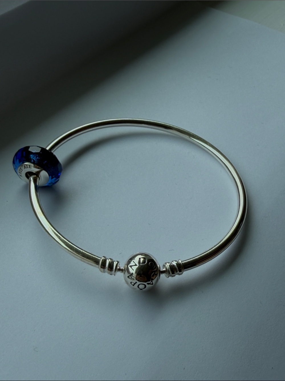 Pandora Sterling Silver Bangle with Faceted Blue Murano Glass Charm